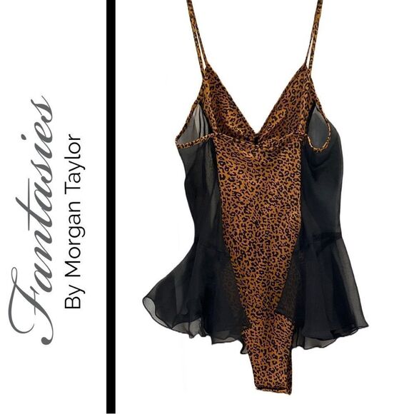 Fantasies by Morgan Taylor Vintage Leopard Print & Black Mesh Bodysuit - Size‎ P - Picture 2 of 2